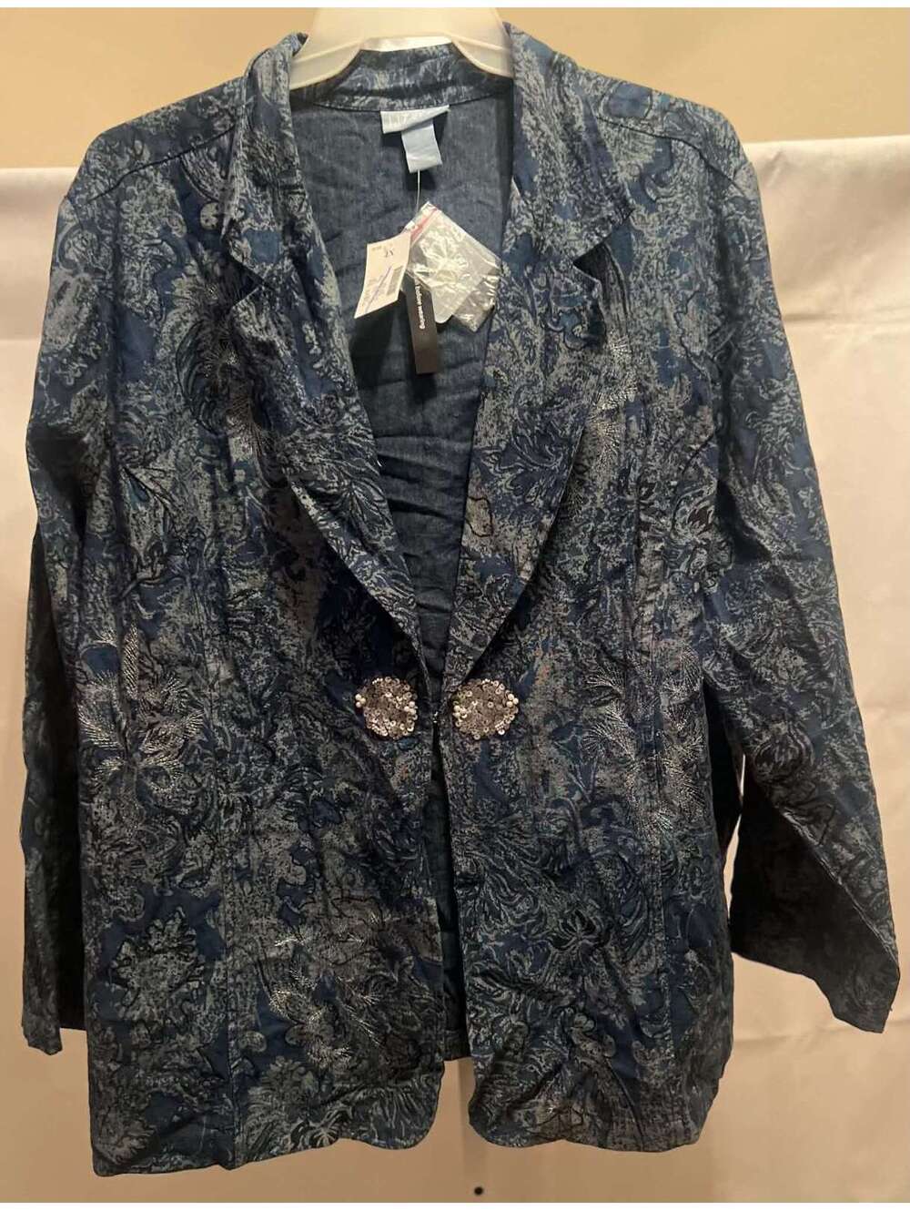NWT Lux & Me 1X Blue Metallic Paisley Sequin Closure Blazer Jacket